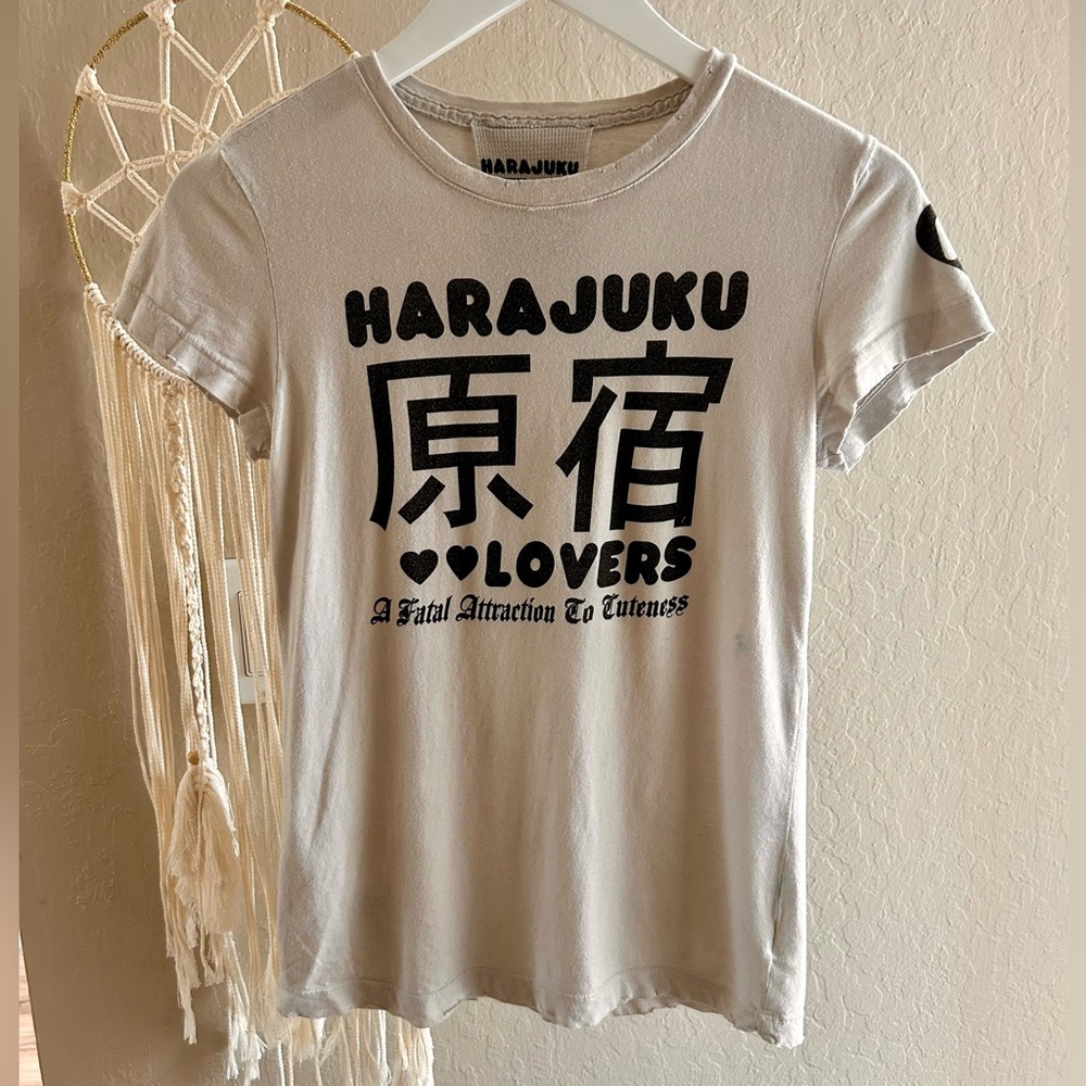 Harajuku Lovers Vintage Distressed White and Black Logo Graphic Tee